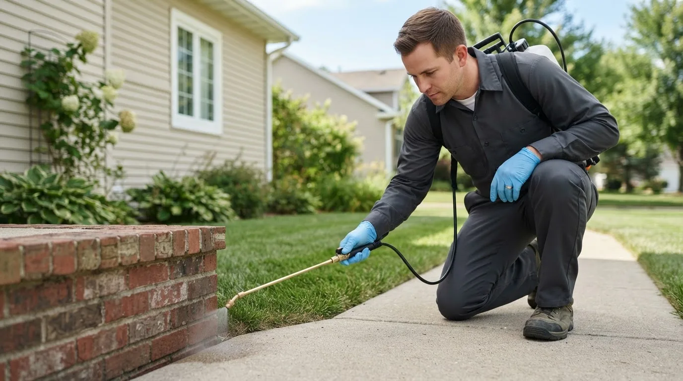 Pest control technician treating a home near White Earth, MN